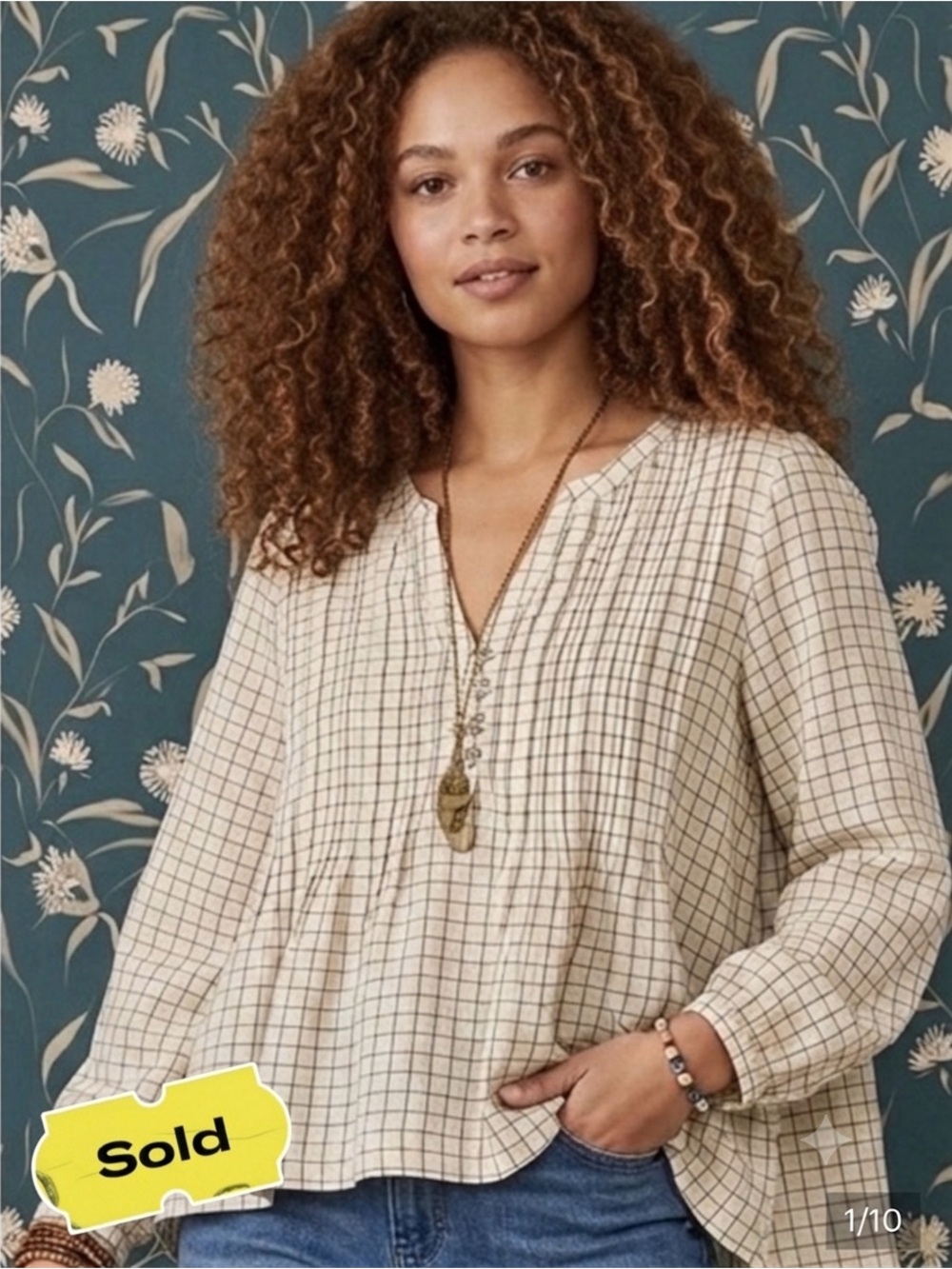 Lucky Brand Cream Plaid Linen Boho Peasant Blouse Cottage Prairie Sz S